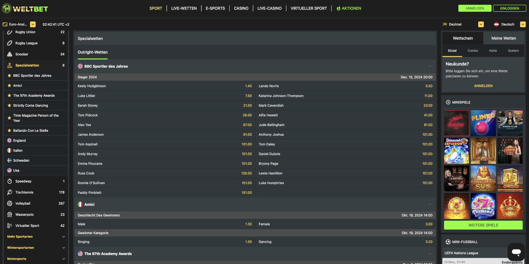 Weltbet Spezialwetten